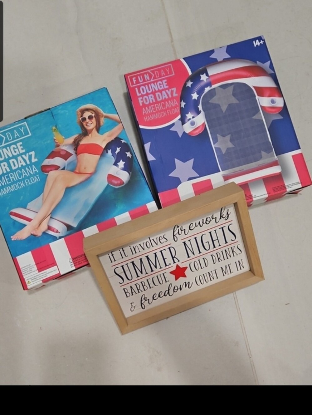 Patriotic July 4th Bundle Pool Hammock Floats NIB + Reversible Wood Framed Decor